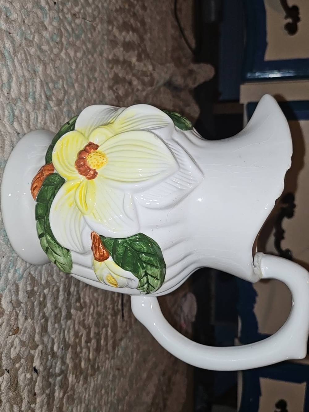White Ceramic Floral Pitcher with Yellow Magnolia Accent - Unbranded